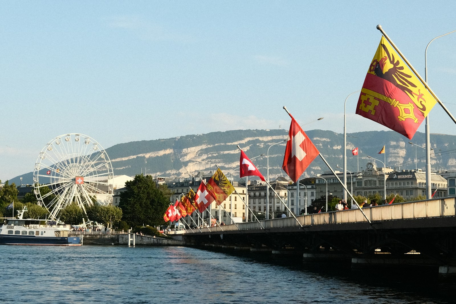 A body of water with a bridge and a ferris wheel in the background